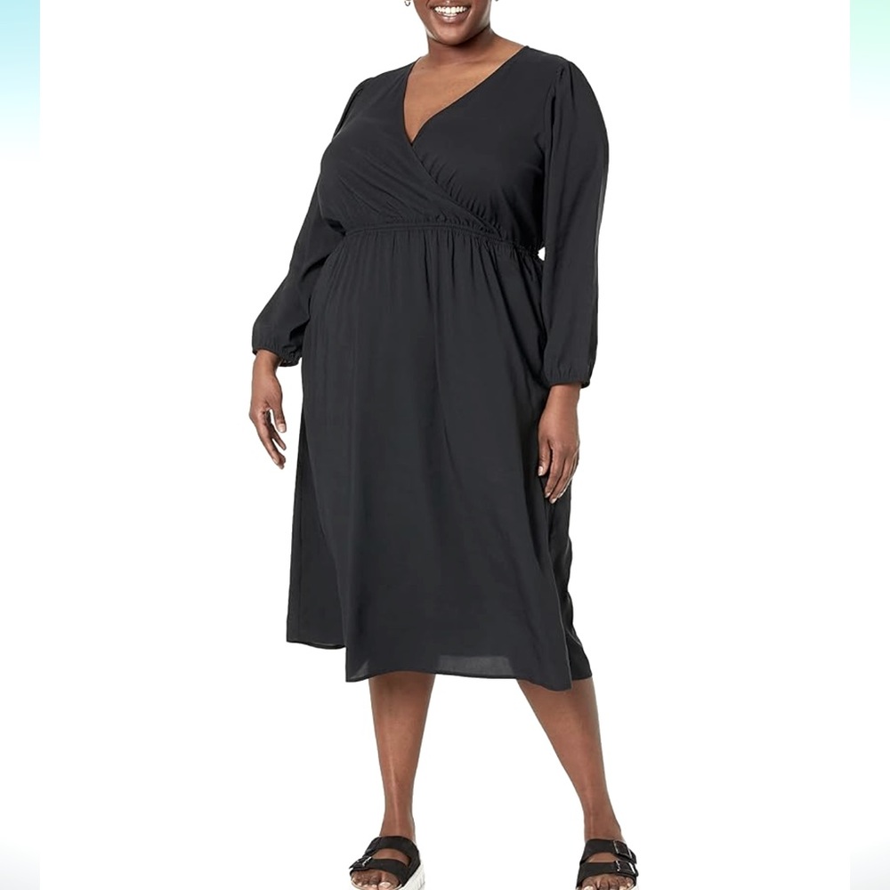 NWT Amazon Essentials Lightweight Georgette V-Neck Midi Dress, Black, Size 2X